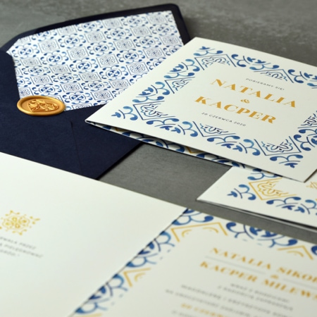 Portugalskie Azulejo - niebiesko-żółte zaproszenie ślubne