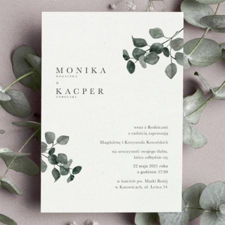 Zaproszenia ślubne Eukaliptus khaki z gałązkami eukaliptusa