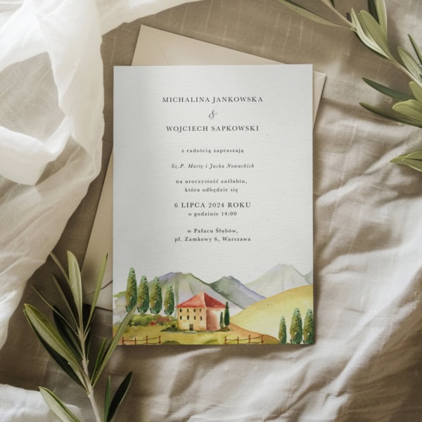 Zaproszenia ślubne Toskania we włoskim stylu ze wzgórzami