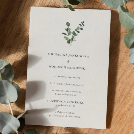 Zaproszenia ślubne z gałązkami - Minimalistyczny eukaliptus