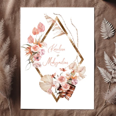 Zaproszenia ślubne z kwiatami i ususzonymi liśćmi palmy - boho glamour