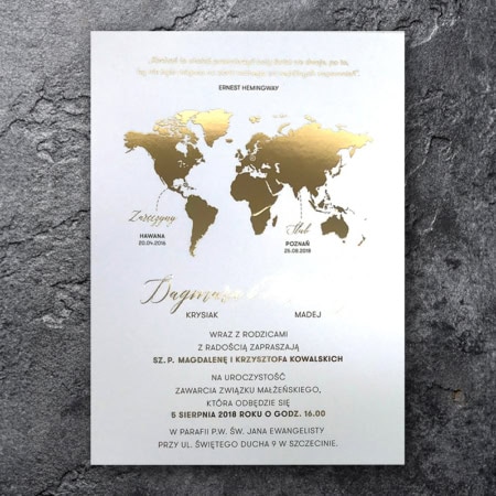 Złocone zaproszenie podróżnicze z mapą