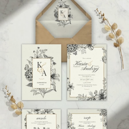 Botaniczne vintage - Zaproszenie na ślub z kopertą i wklejką