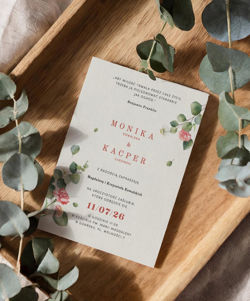 Eukaliptus i goździk - Zaproszenia ślubne z kwiatami Eukaliptus i goździk - Zaproszenia ślubne z kwiatami