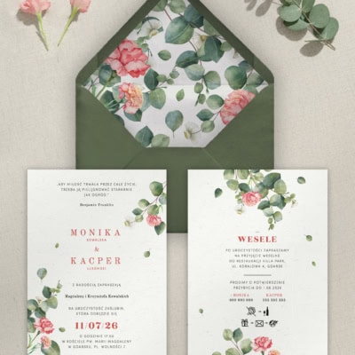 Eukaliptus i goździk - Zaproszenie na ślub z kopertą i wklejką Eukaliptus i goździk - Zaproszenie na ślub z kopertą i wklejką