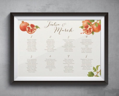 Granat - Plan usadzenia gości weselnych Zaproszenia ślubne na psychologyrze weselnych with list of names i owoce granatu i gałązka z liśćmi.