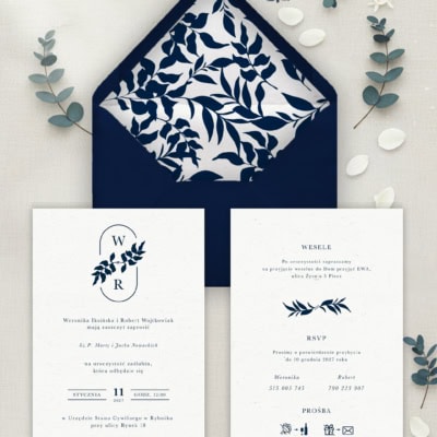 Granatowe liście - Zaproszenie na ślub z kopertą i wklejką Granatowe liście - Zaproszenie na ślub z kopertą i wklejką
