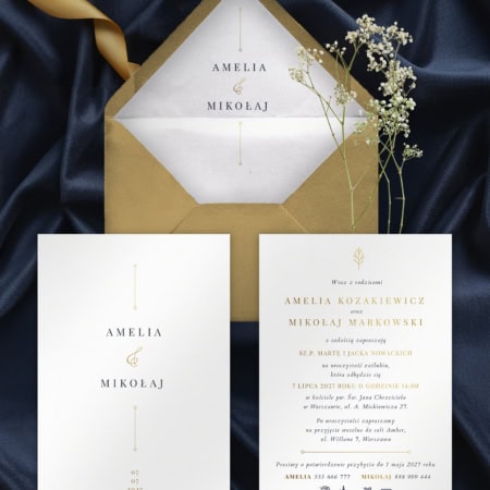 Granatowo-złoty minimalizm - Zaproszenie na ślub z kopertą i wklejką