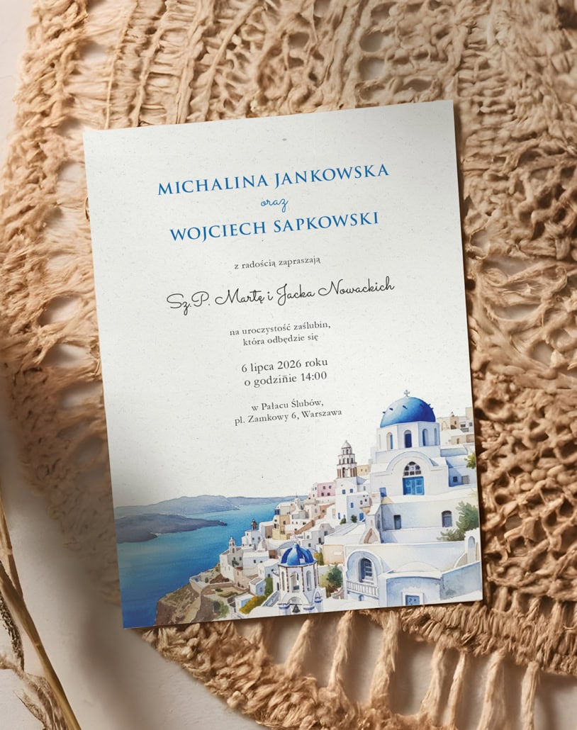 Greckie wesele - Zaproszenia ślubne z motywem domków Santorini