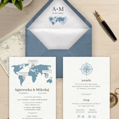 Minimalistyczna podróż - Zaproszenie na ślub z kopertą i wklejką Minimalistyczna podróż - Zaproszenie na ślub z kopertą i wklejką