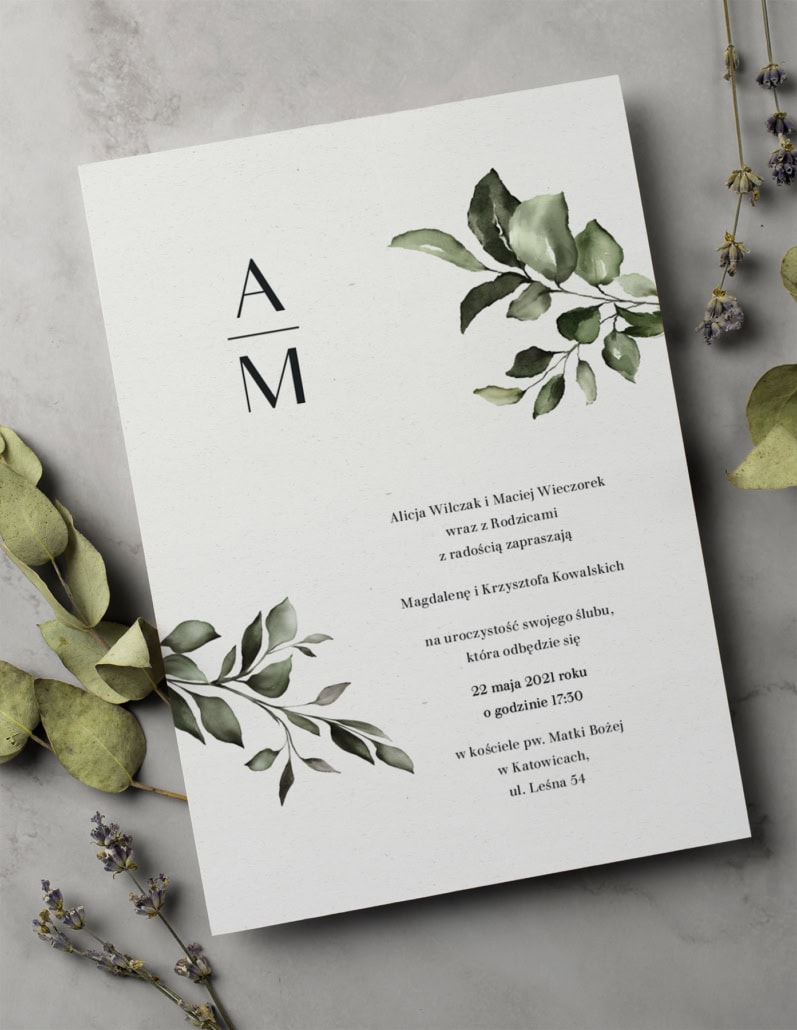 Subtelne zaproszenia ślubne z eukaliptusem