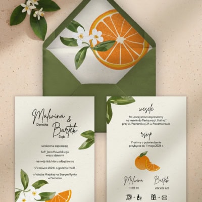 Sycylijskie pomarańcze - Zaproszenie na ślub z kopertą i wklejką Sycylijskie pomarańcze - Zaproszenie na ślub z kopertą i wklejką