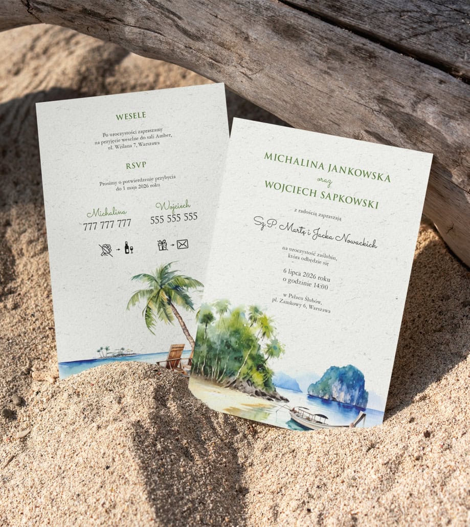 Tajska plaża - Zaproszenia ślubne z palmami Tajska plaża - Zaproszenia ślubne z palmami