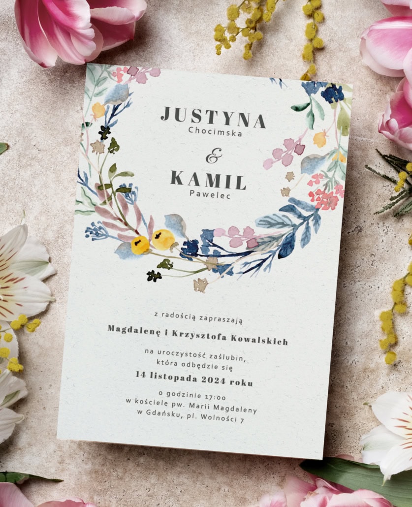 Zaproszenie ślubne z kwiatami Barwna flora