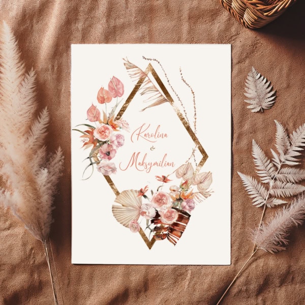 Zaproszenia ślubne z kwiatami i ususzonymi liśćmi palmy boho glamour Zaproszenia ślubne z kwiatami i ususzonymi liśćmi palmy boho glamour