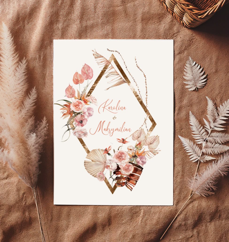 Zaproszenia ślubne z kwiatami i ususzonymi liśćmi palmy boho glamour Zaproszenia ślubne z kwiatami i ususzonymi liśćmi palmy boho glamour