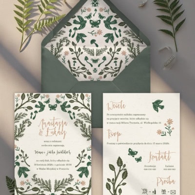 Zielony folklor - Zaproszenie na ślub z kopertą i wklejką Zielony folklor - Zaproszenie na ślub z kopertą i wklejką