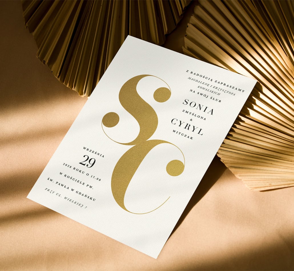 Złote inicjały - Zaproszenia ślubne 3 Złote inicjały - Zaproszenia ślubne ze złotą folią